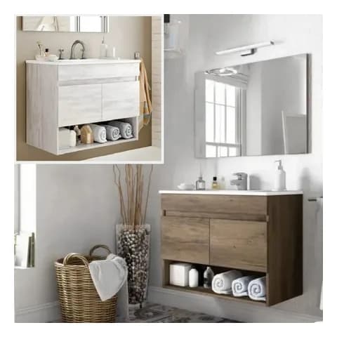 Bagno Italia Mobile bagno sospeso 80 cm rovere nordik con 2 ante, lavabo e specchio