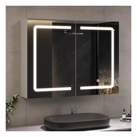 DICTAC Specchio bagno contenitore 80x60 cm con luce LED regolabile e presa interna