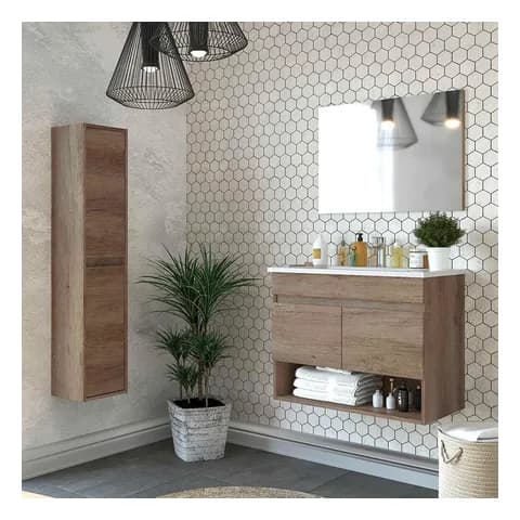 Inbagno Mobile bagno sospeso 80 cm Oasi rovere con 2 ante, vano a giorno, lavabo, specchio e colonna coordinata