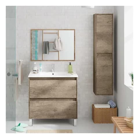 Inbagno Mobile bagno a terra 80 cm Oasi rovere con 2 cassetti, lavabo e specchiera