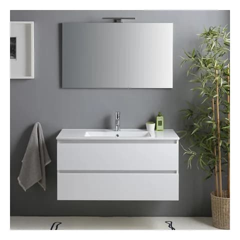 Kiamami Valentina Mobile bagno sospeso 100 cm Benaco bianco lucido con 2 cassetti, lavabo integrato e specchio