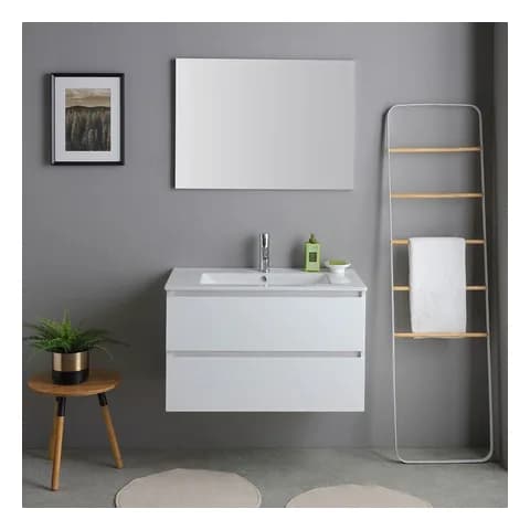 Kiamami Valentina Mobile bagno sospeso 80 cm Bilbao bianco con 2 cassetti, lavabo e specchio