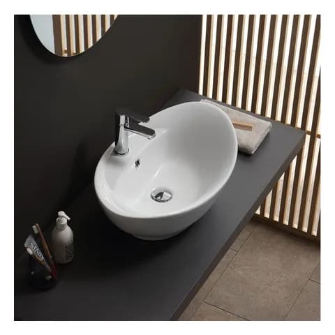 Kiamami Valentina Lavabo da appoggio ovale in ceramica bianca 59x39 cm con foro rubinetto