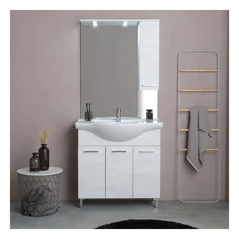 Kiamami Valentina Mobile bagno a terra 85 cm quercia bianco con lavabo, specchio con pensile e faretti LED