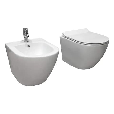 Laneri (ceramica marchiata Giorgy) Coppia sanitari sospesi compatti senza brida New Bent con coprivaso rallentato