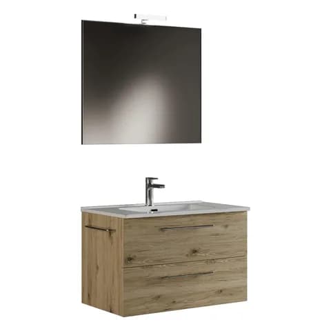 Mama Store Mobile bagno sospeso 100 cm con doppio cassettone, lavabo, specchio e lampada LED