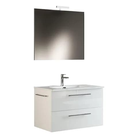 Mama Store Mobile bagno sospeso 60 cm con doppio cassettone, lavabo, specchio e lampada LED