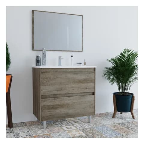 MarinelliGroup (Fores) Mobile bagno a terra 80 cm rovere con 2 cassetti, lavabo in ceramica e specchio